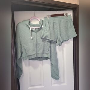 Cropped Waffle Knit Hoodie & Shorts Set - Sage Green